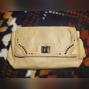 JUICY COUTURE Y2K Vintage Beige Calfskin Fold Over Bag w/ Gold Chain Straps